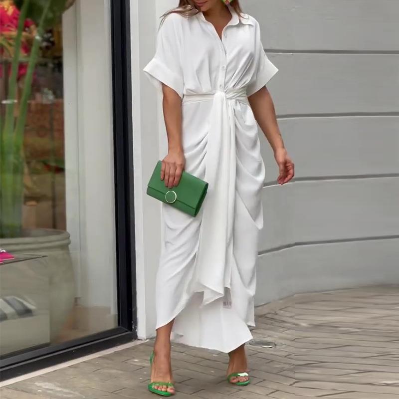 2026 Spring Women's Lace-Up Waist Short-Sleeve Solid Color Shirt Dress