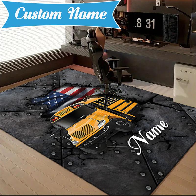 Custom Name School Bus Adventure Rug Game Carpet, Floor Mat for Bedroom Living Room Entryway Rug, Home Decor Idea Gift for Christmas birthday