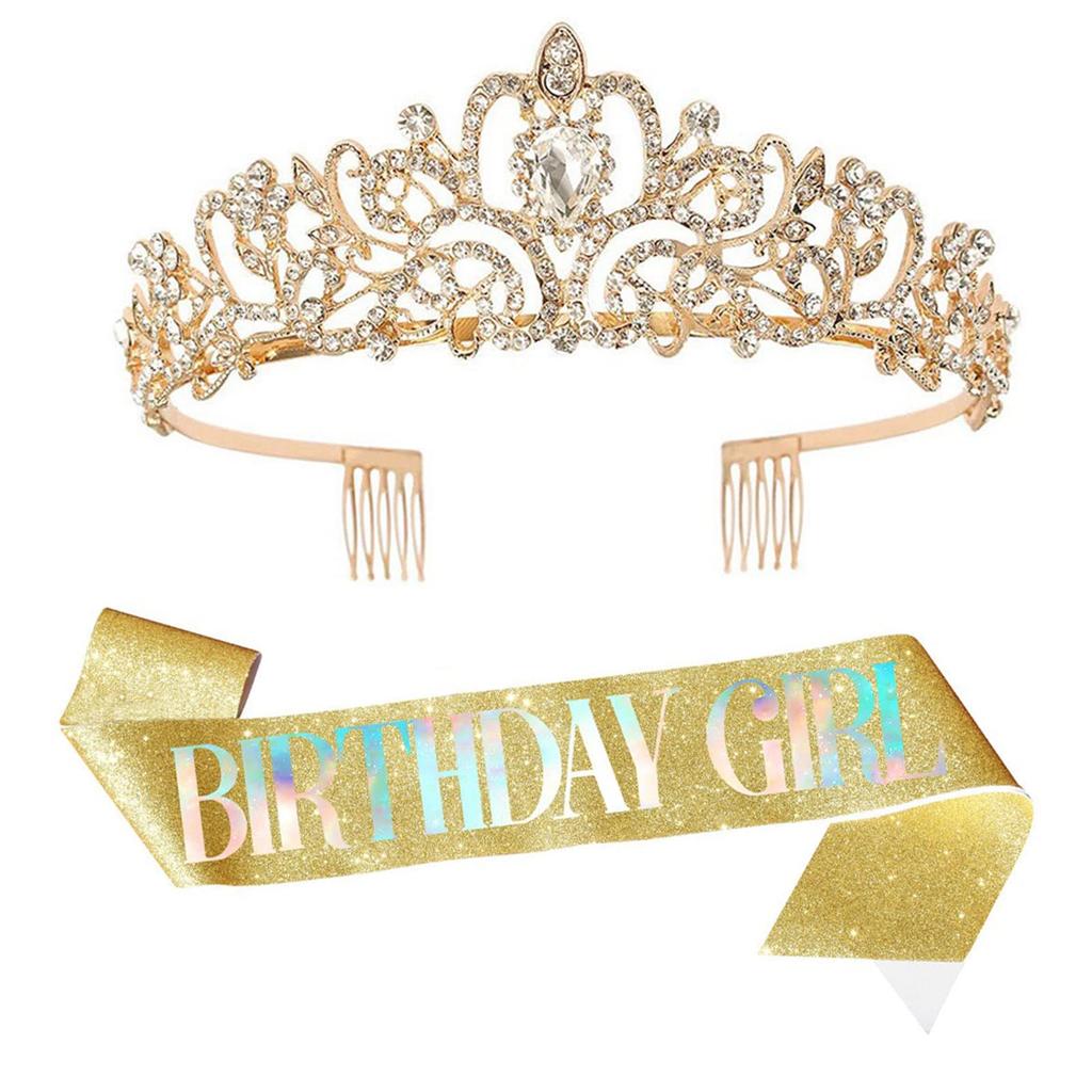 Set Fascia da Compleanno con Tiara e Corona di Strass Fascia da Regina Dorata per Donne Decorazione Festa di Compleanno Abbigliamento Celebrazione Principessa