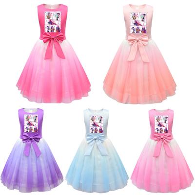 Kids Girls Princess K-POP Rumi Zoey Mira Print Bow Sleeveless Mesh Tutu Dress