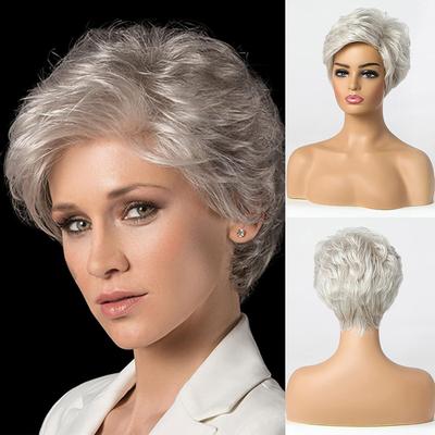 Short Natural Fluffy Wigs Soft Mommy Hair Daily Cosplay Use Silver White Ombre Curly Synthetic Layered Hair Heat Resistant Fibre