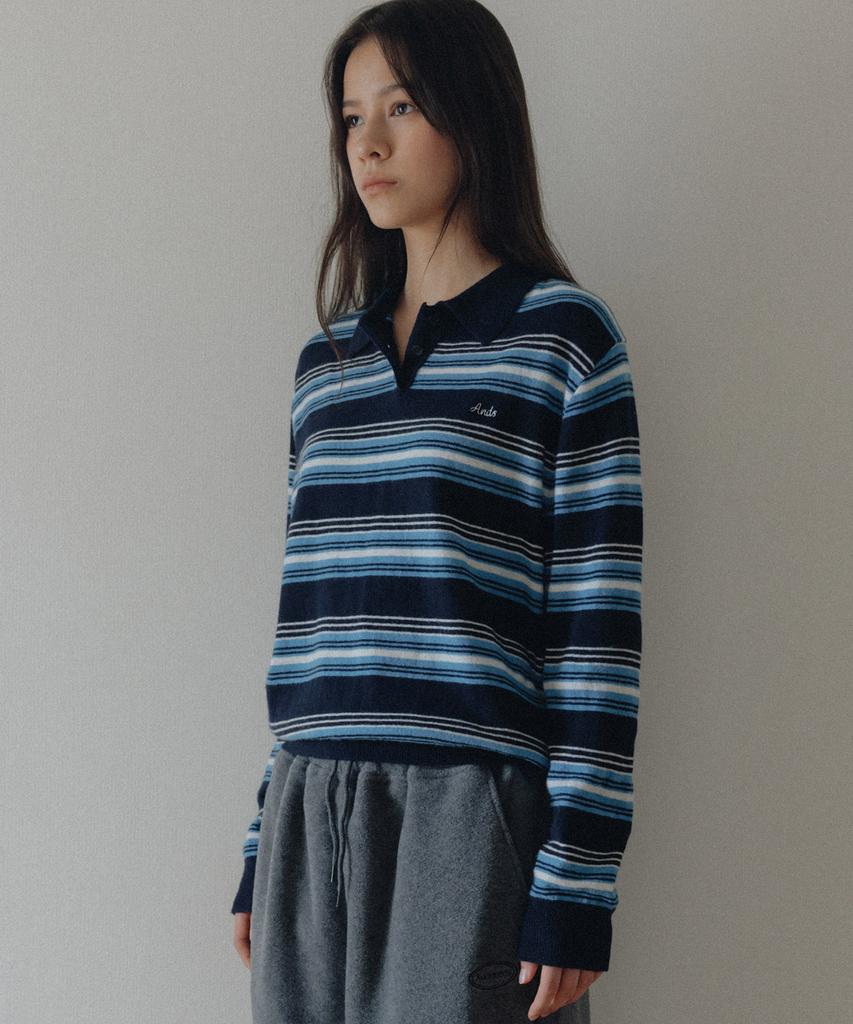 ANDNEEDS Figaro Stripe Polo Knit (Navy)