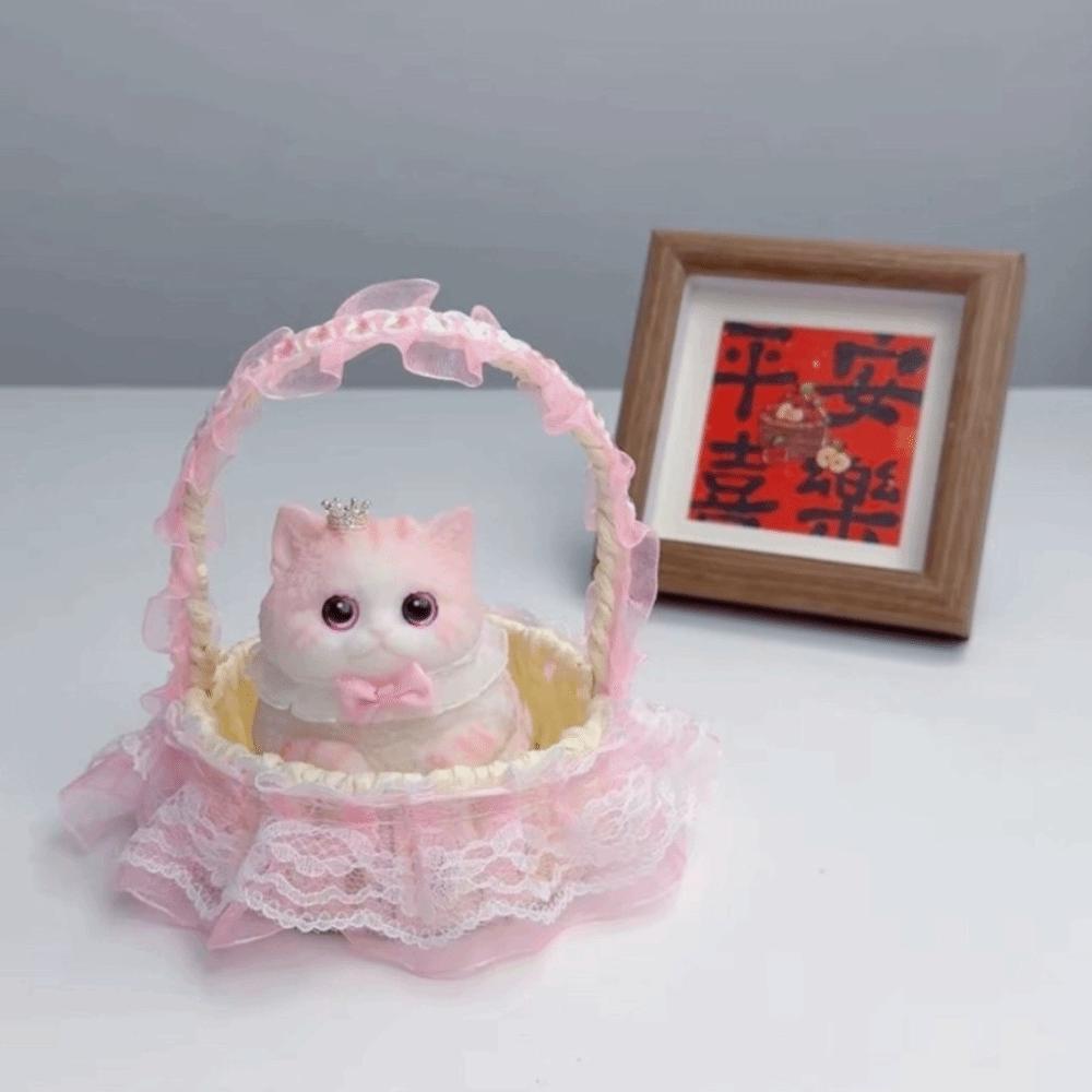 Simulation Cat Cat Fidget Toy with Flower Basket Cat Squishy Toy Housing Decoration