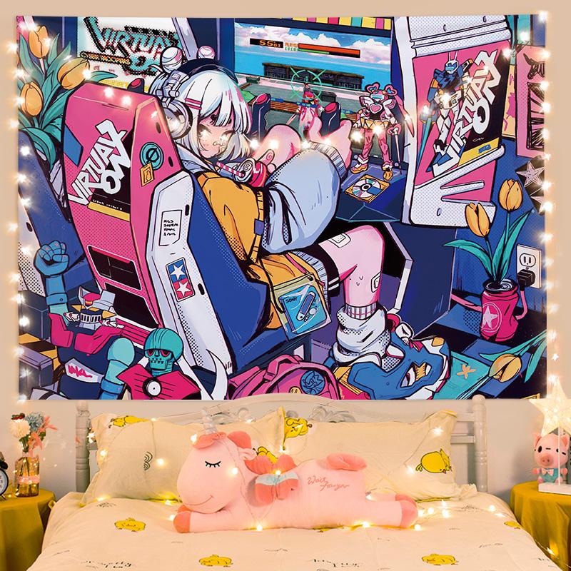 VIKAMA Secondary Cyberpunk Anime Tapestry Ins Wind Game Room Atmosphere Wall Decoration Tapestry Home Decoration