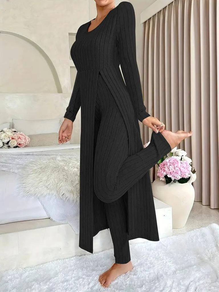 Damen Hellblaues V-Ausschnitt Strickset Langarm Oberteil und Hose mit Strickjacke