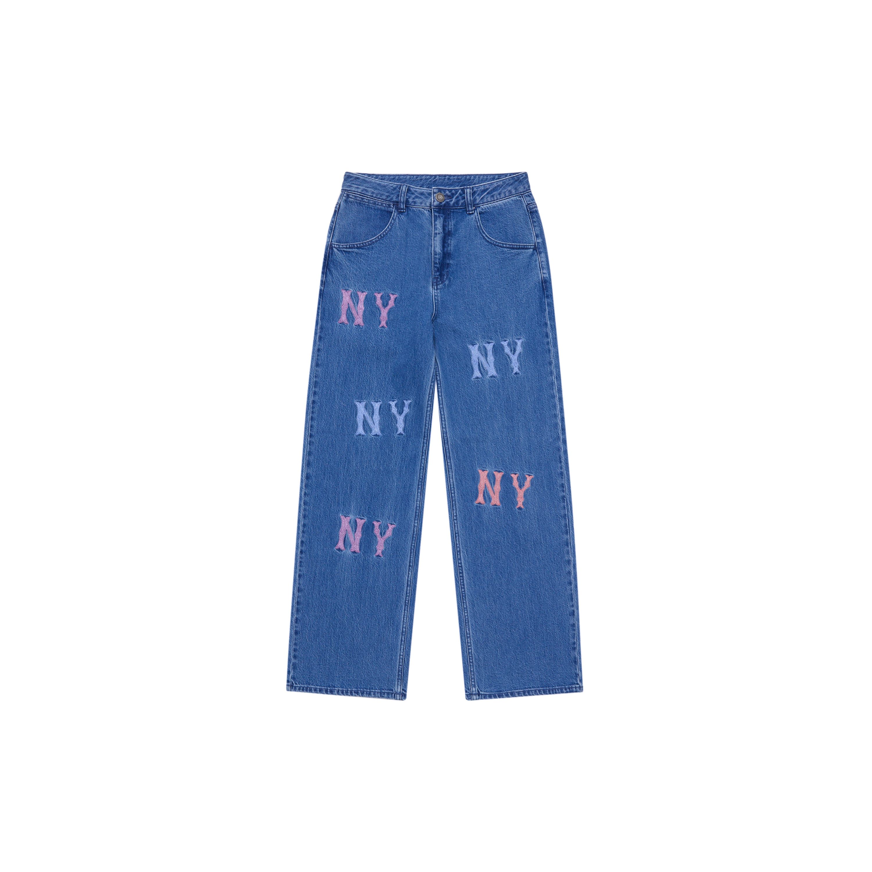 MLB Mode Sport Serie New York Yankees 24FW Geborduurd Groot Logo Losse Pasvorm Wijde Pijpen Jeans Dames jeans Indigo 3FDPG0144-50INS M blue