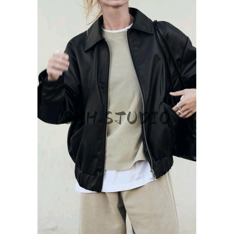 Spring New Arrival Women's Clothing Loose Artificial Leather Poly Urethane Leather Jacket Outwear 3046540 3046376
