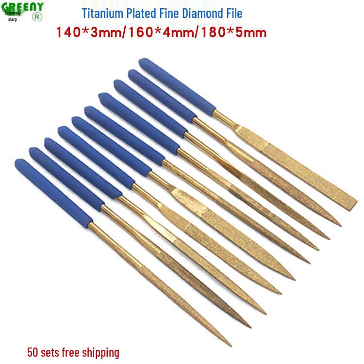 Gold Titanium-Plated Diamond File Set: Wear-Resistant Trimming, Grinding, and Polishing Tool. Titanium-plated Mixed Set 140*3, 10 pcs