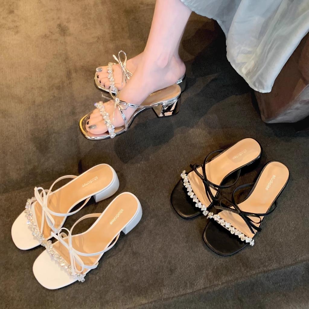 Sheepskin~ version burst beauty sparkling rhinestone slippers women's summer wear bow 5.5cm thick heel cool slippers