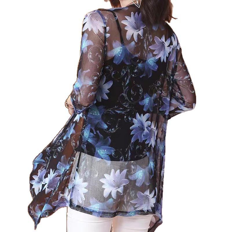Women's Fashionable 7-Sleeve Mid-Length Shirt, Summer 2025, Elegant Print, Slimming, Sun Protection