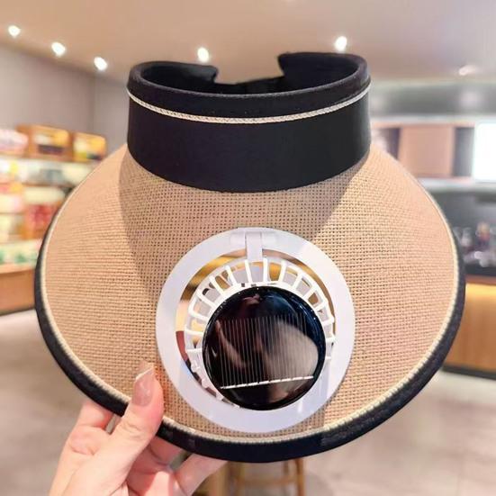 Chapeau de soleil design à sommet vide bord étendu protection solaire intégrale pour tout le visage chapeau avec ventilateur intégré alimenté par énergie solaire circonférence de tête réglable chapeau de paille