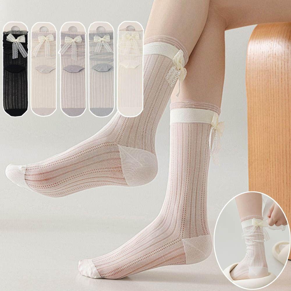 3Pairs Breathable Mid Tube Socks Ruffle Sweet Socks Women Fashion Mesh Bowknot Socks  Lady