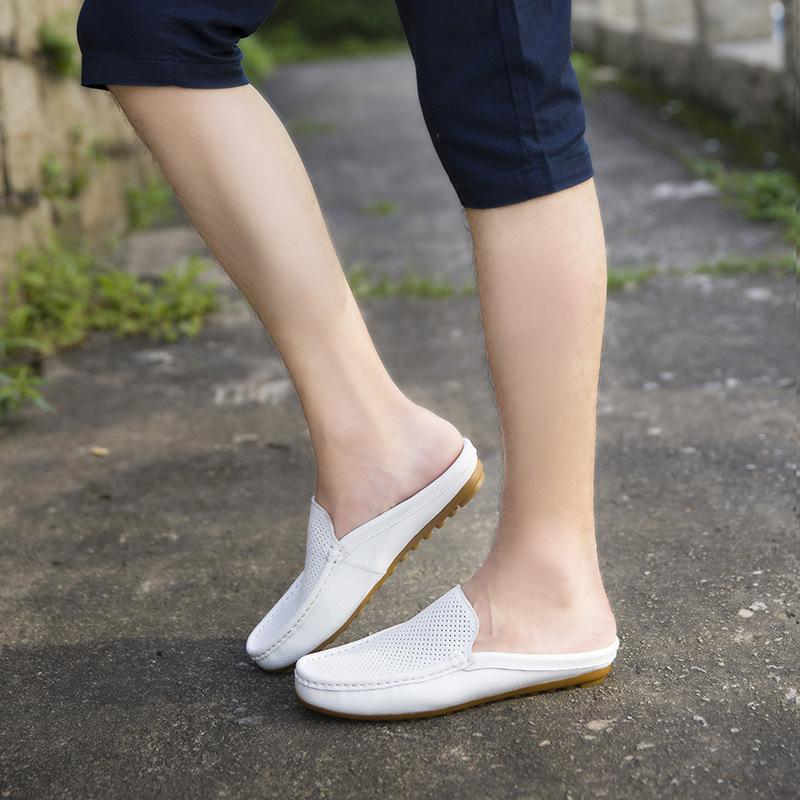 Summer Breathable Half Slippers Men's Breathable Hollowed-out Bag Head Cowhide Sandals Without Heels Lazy Shoes Men Wear Leather Sandals