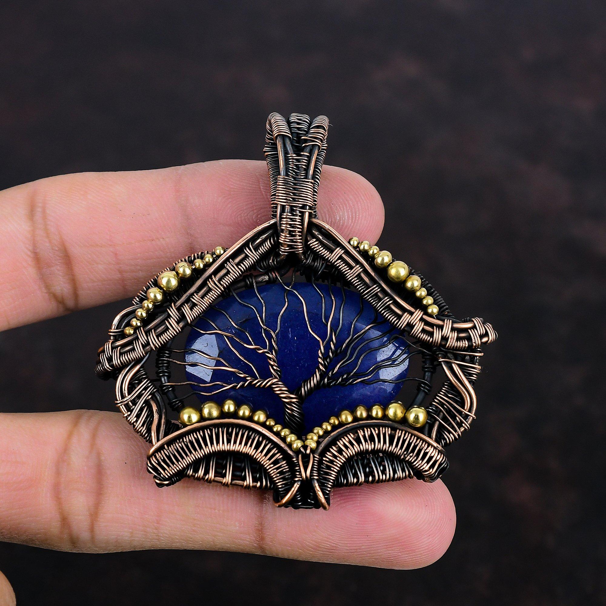 

Подвеска Древо Жизни с гранями из синего сапфира, обернутая медной проволокой, ручная работа, ювелирные изделия из драгоценных камней, подарки для нее, достойные медные украшения