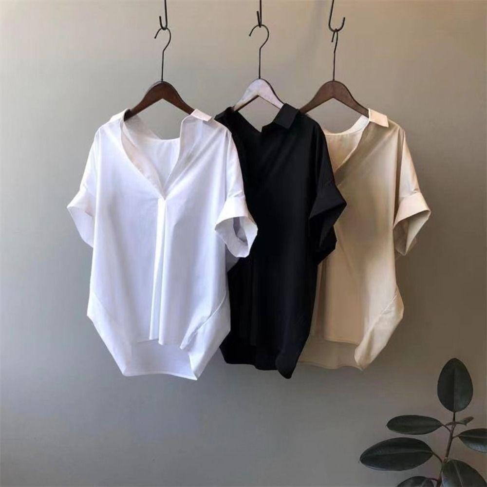Crop Top Flip Collar T-shirt V-neck Basic Tees Shirts Women Fashion Short Sleeve Blouse Holiday