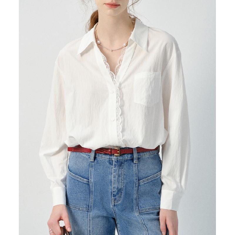 White long-sleeve women's shirt, 2026 spring new style, European style lace trim loose top