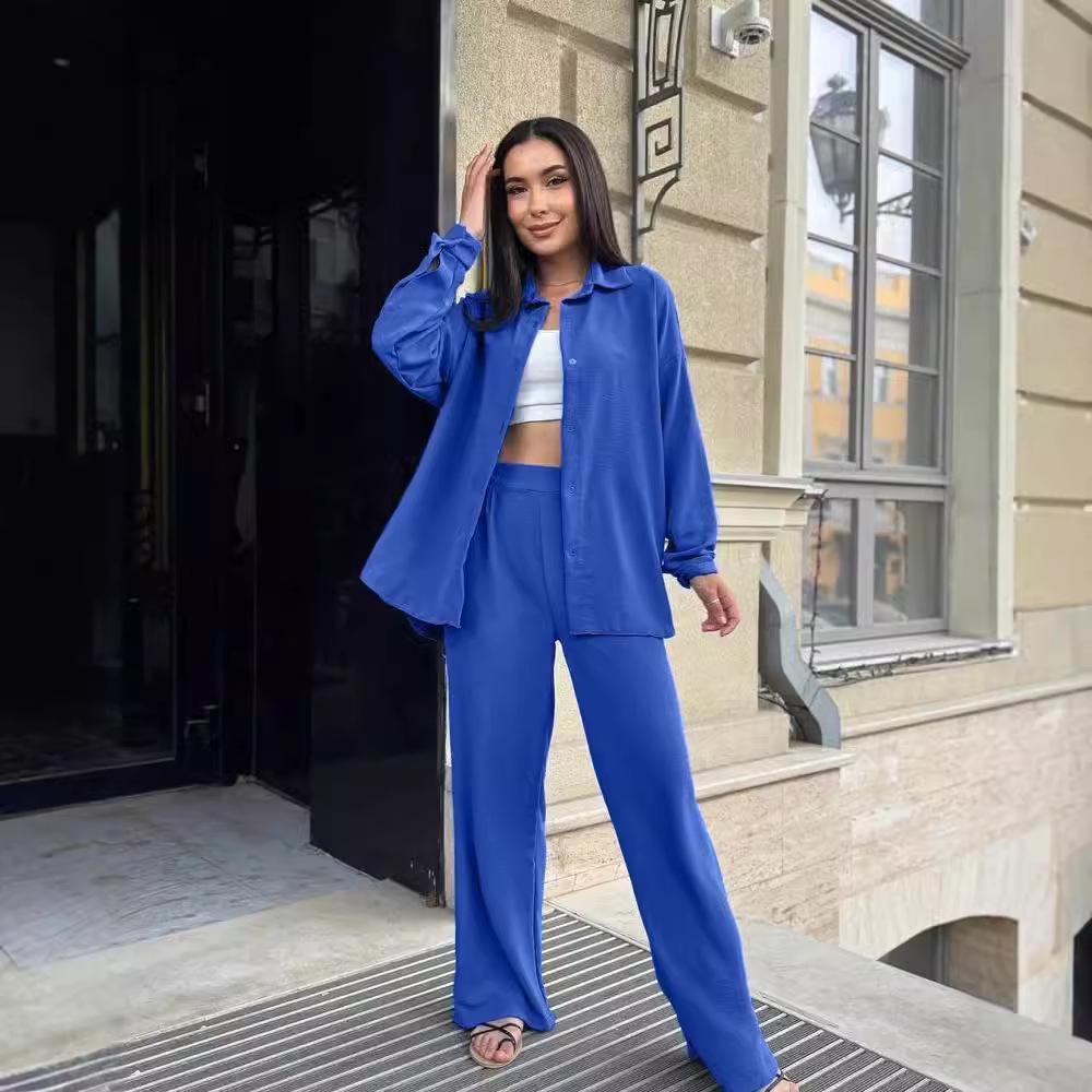 2024 European & American Style Autumn Solid Color Lapel Long Sleeve Shirt & Casual Pants Two-Piece Set