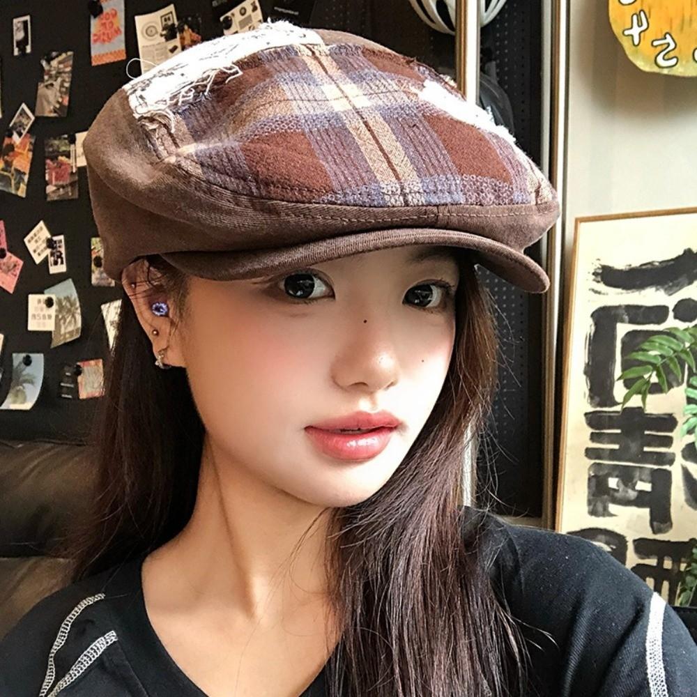 Y2k Star Plaid Beret American Painter Cap Casual Newsboy Cap  Spicy Girls