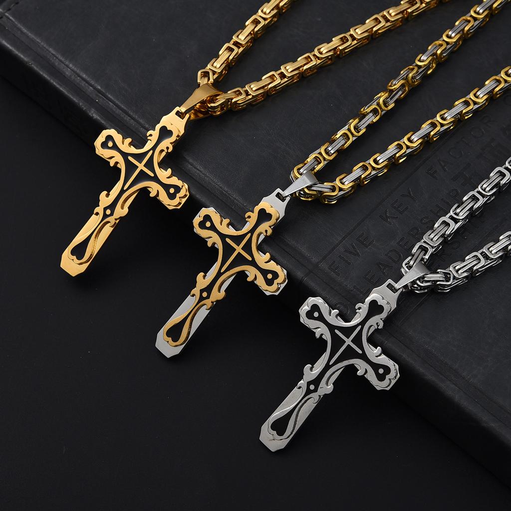 Embossed Single‑Layer Cross Pendant Necklace, Stainless Steel Imperial Chain Fashion Personality Jewelry for Men Women
