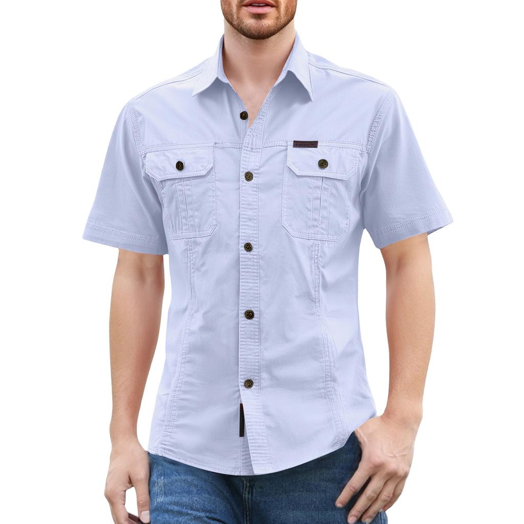 Men'S Shirt With Double Pockets Casual Short Sleeved Top Fashionable Cardigan