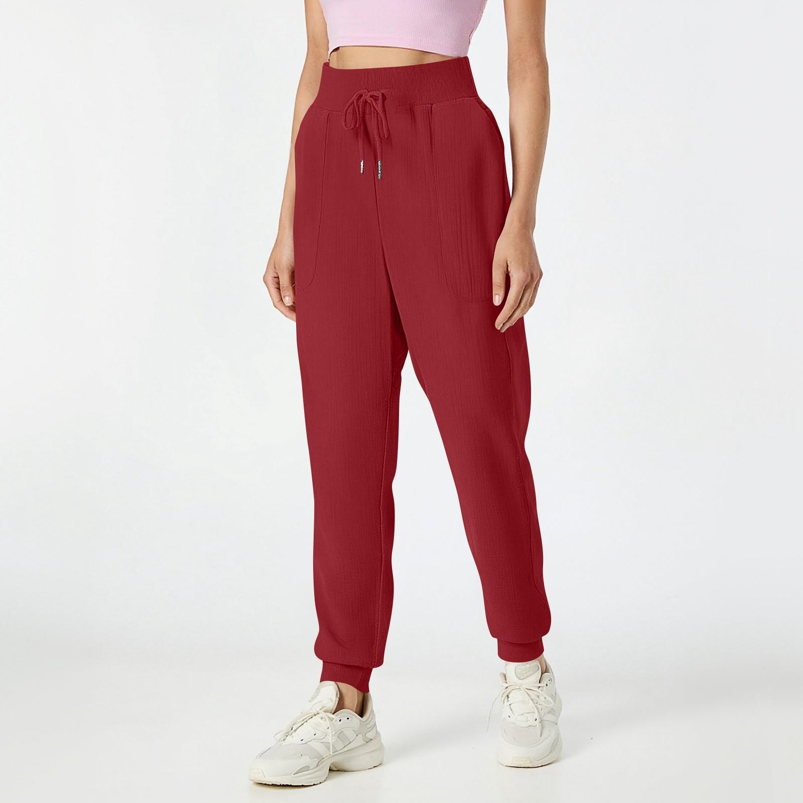 

Ladies Loose Casual Solid Color Cotton Linen Threaded Elastic Waistband Pocket Pants M червоний