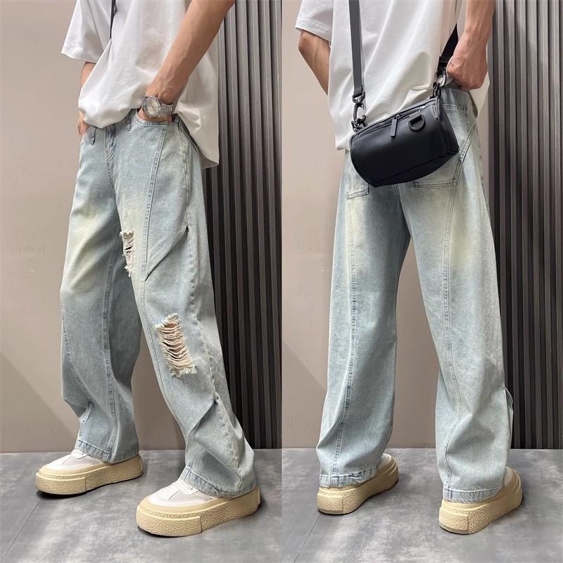 Summer ripped jeans solid color scimitar straight-leg pants men's loose retro wide-leg pants washed jeans