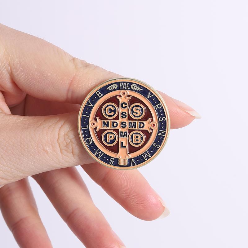 Catholic Saint Benedict Pins Vintage Religious Medal Brooches Exorcism Cross Monogram Badges Christian Faith Jewelry For Gifts