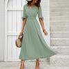Elegante Vestito Midi Monocolore Scollo a V Vita Alta Arricciato per Donna