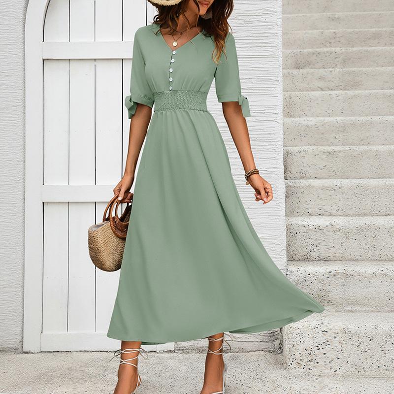Elegante Vestito Midi Monocolore Scollo a V Vita Alta Arricciato per Donna