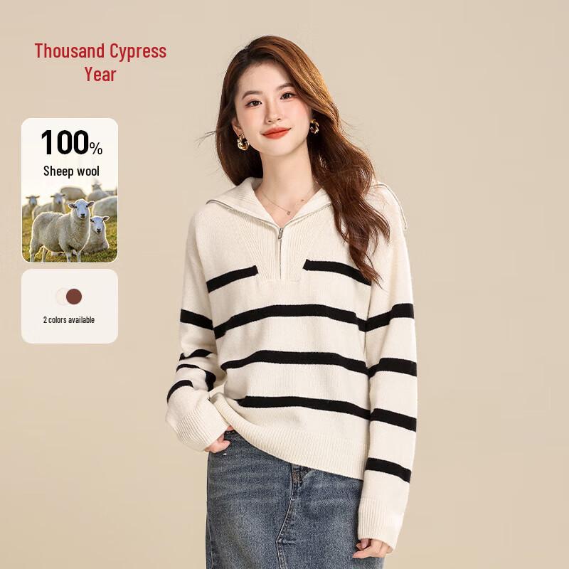 

Женский трикотажный свитер Qianbainian из чистой шерсти в полоску с половиной молнии L