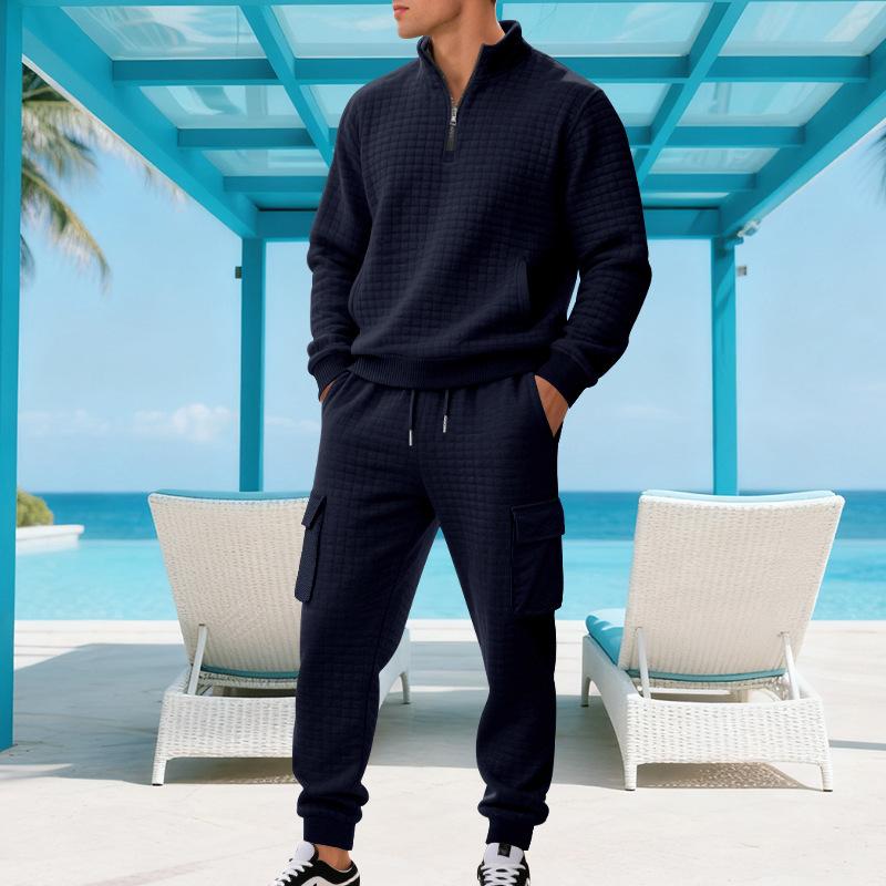 Herbst/Winter Jacquard Karierte Herren Casual Relaxed-Fit Stehkragen Arbeitshose mit Outdoor Hoodie Set