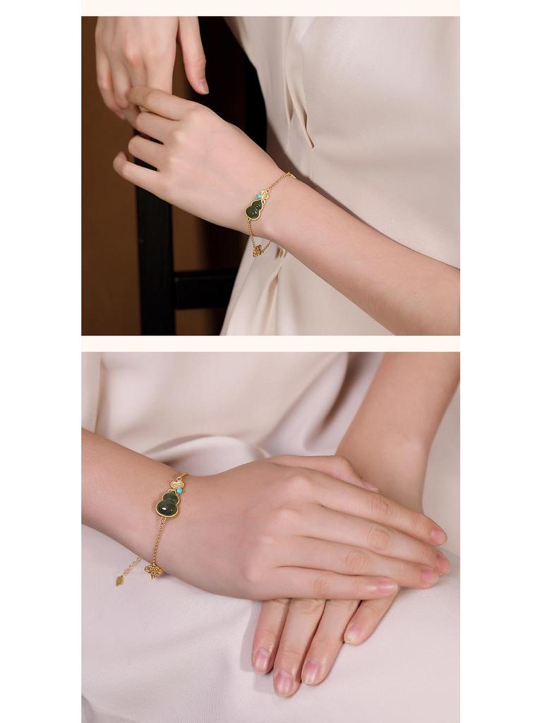 Imitation Hetian Jade Green Gourd Tassel Bracelet - Retro Chinese Style Auspicious Clouds Jewelry for Women