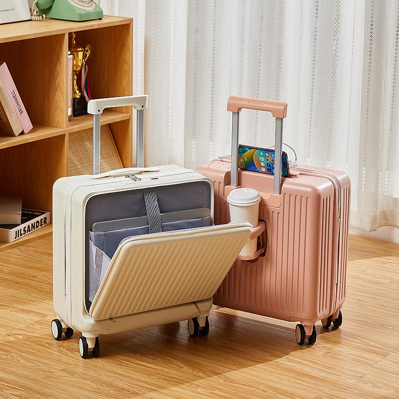 Front-Opening 20-Inch Carry-On Suitcase: Multi-Functional Trolley Case with Combination Lock for Men and Women.