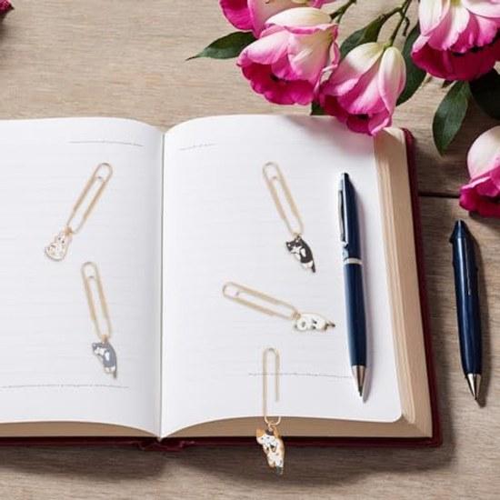 OLYCRAFT 12 pieces 6 colors paper clips gem enamel cat page bookmarks decorative office stationery document organization invitations notepads.