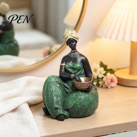 Resin Figurine for Home African Lady Figurine, Ethnic Sitting/Standing Woman Statue, Hand-Painted Bohemian Decor Decorative Desk Living Room