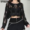 WTEMPO Hollow Out Pullovers Women Black Spring Autumn Sweater Casual Loose Korean Solid Knitwear Streetwear