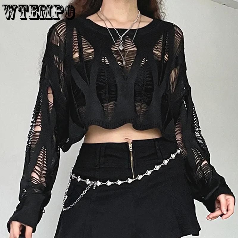 WTEMPO Hollow Out Pullovers Women Black Spring Autumn Sweater Casual Loose Korean Solid Knitwear Streetwear