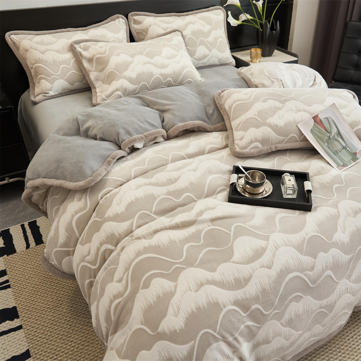 Maternal And Infant Grade Thickened Milk Fleece Four-Piece Set Antistatic Warm Fleece Set Warm Carved Fleece Quilt Cover Bedding 1.2m sheet 3pc: quilt cover 150 * 200cm