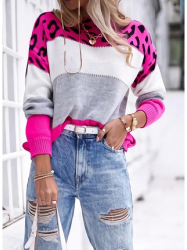 Women's Color Block Leopard Print Pullover: Long-Sleeved Casual Sweater for Autumn & Spring