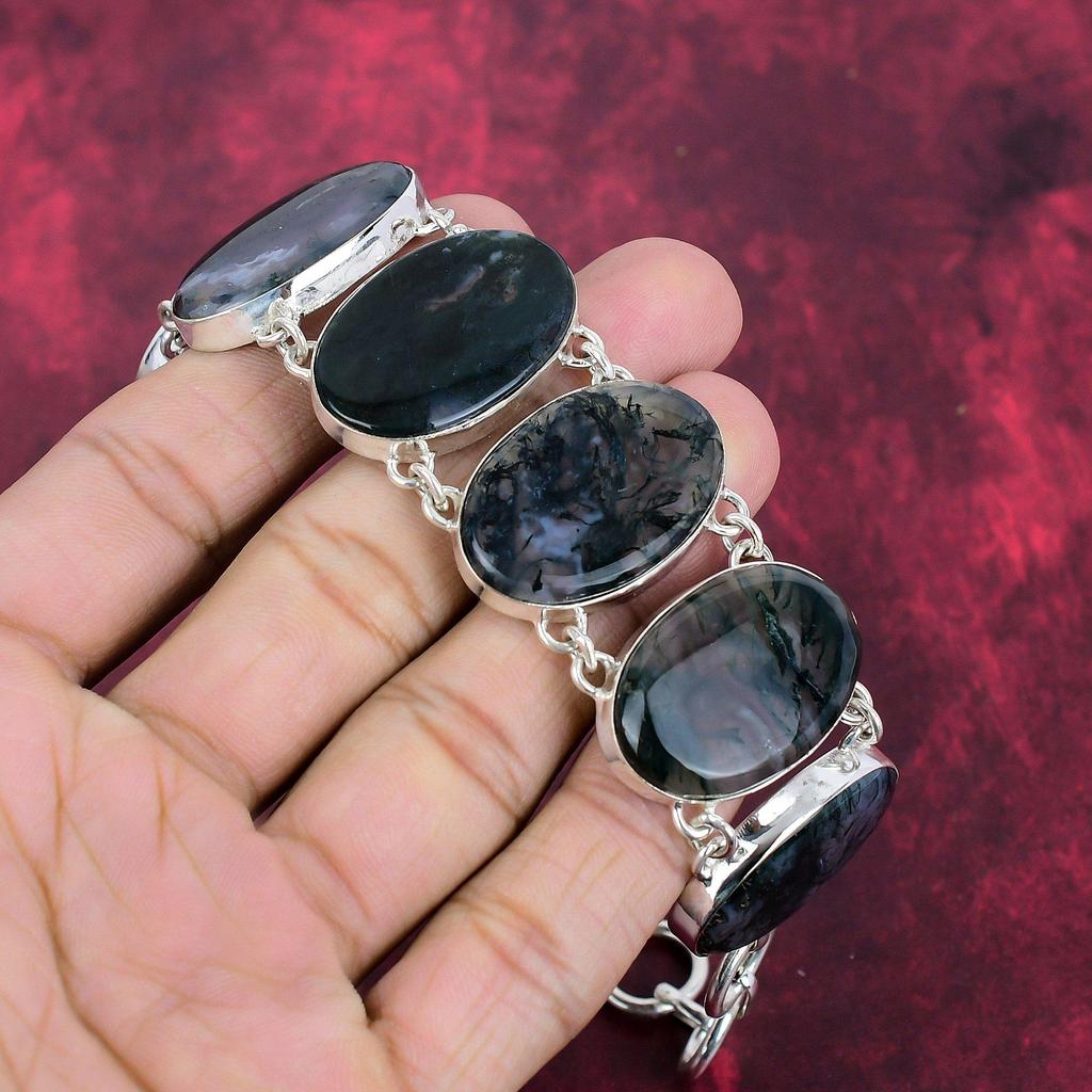 Moss Agate Bracelet, Gemstone Jewelry 925 Solid Sterling Silver Bracelet, Gift For Women Handmade Bracelet