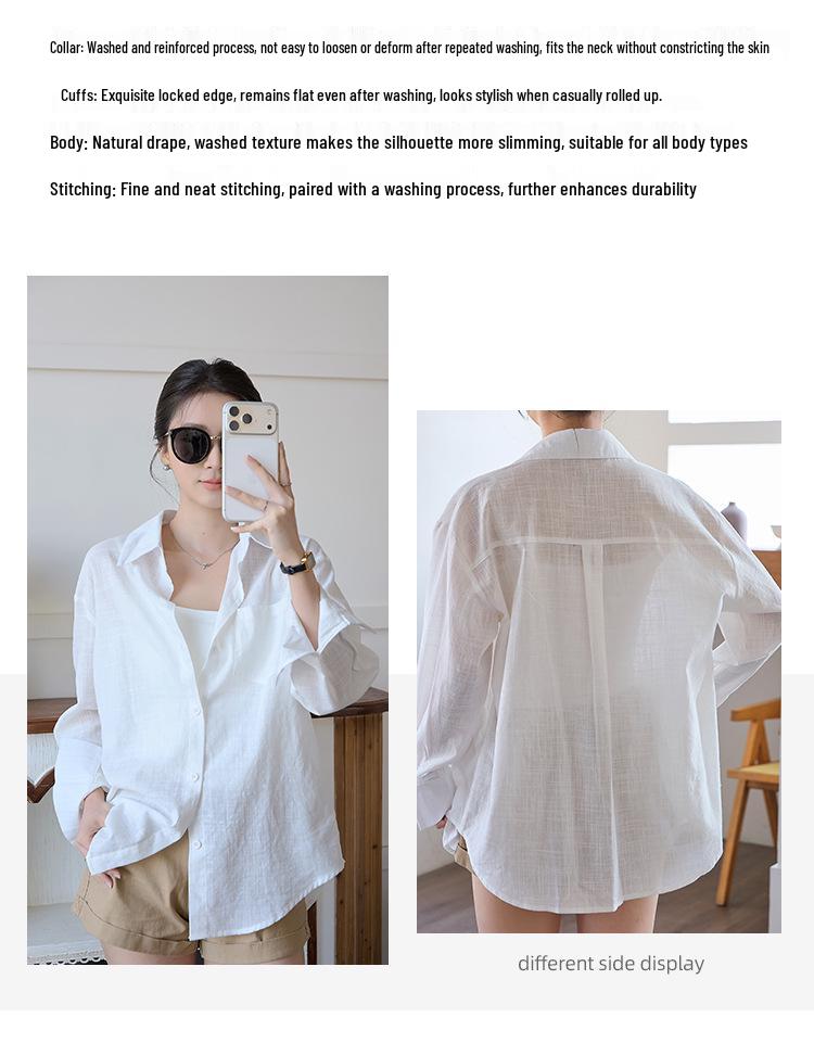 White Washed Cotton Linen Long Sleeve Shirt - Spring/Summer 2026 Sun Protective Loose Cardigan Top