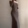 [] One-word Shoulder Base Knitted Dress for Women's Autumn and Winter, Super Good-looking Slim-fitting Inner Hip-wrapped Dress