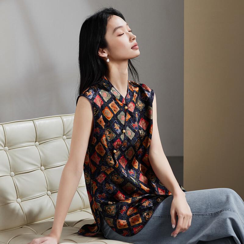 SOFSIL Women s Printed Silk Blend Stand Collar Sleeveless Shirt L