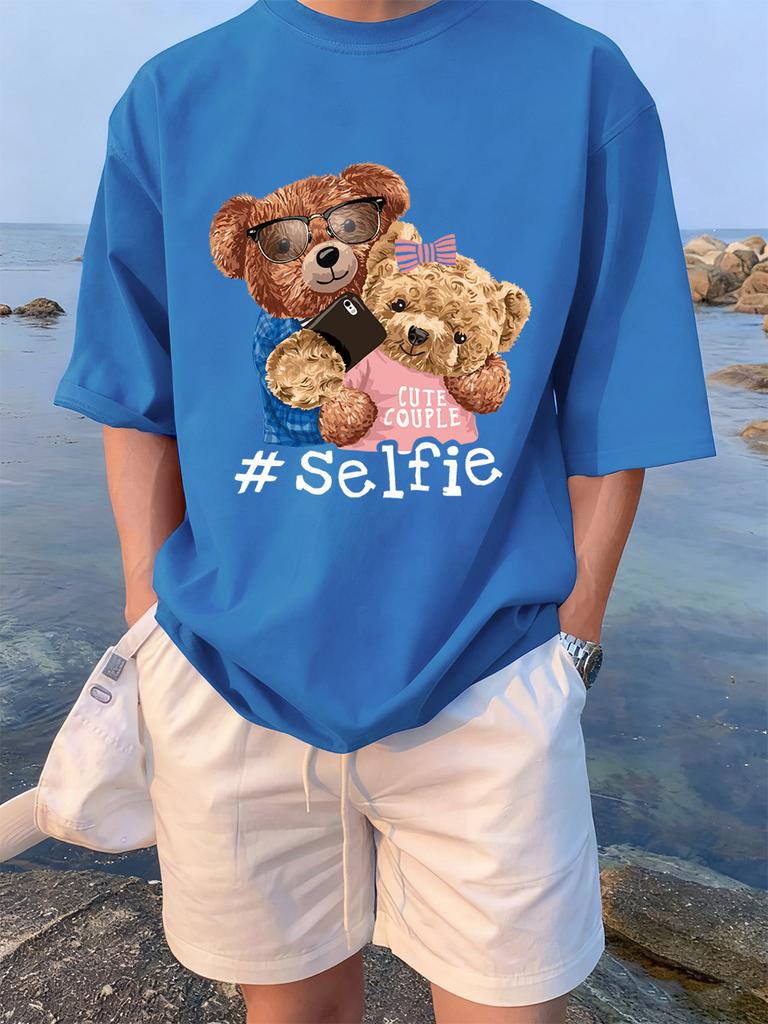 Cute Couple Bears Selfie Printing TShirts Womens Summer Cotton Short Sleeve Tees Loose ONeck Comfortable Tops Casual Clothes