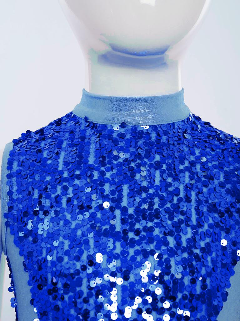 Girls Liturgical Dance Dress - Sleeveless Mock Neck Tunic with Asymmetrical Hem & Shiny Sequins for Worship Performance
