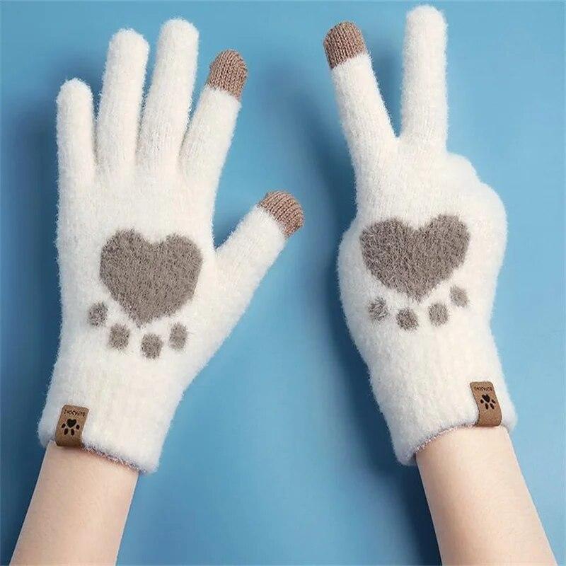Fashion Cat Paw Printing Gloves Mobile Phone Touchscreen Knitted Gloves Winter Thick & Warm Adult Soft Fluffy Gloves Men's Women