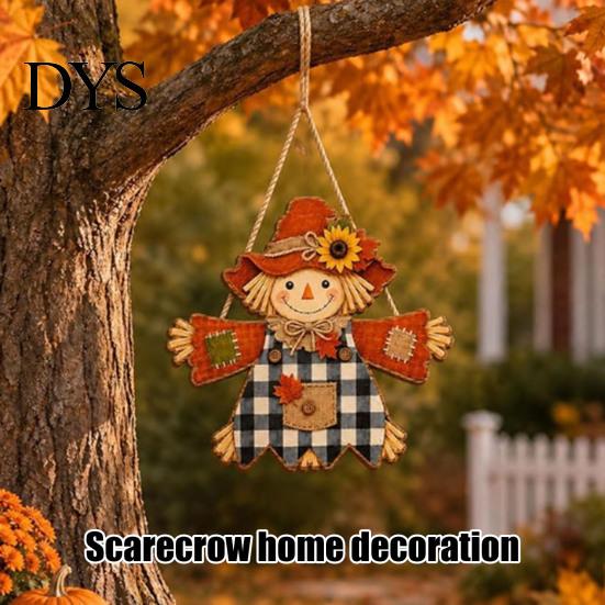 Sunflower Plaid Door Hanger Fall Wooden Hanging Sign, Autumn Scarecrow & Pumpkin Maple Leaf Decorative Wall Art for Home Hanger, Harvest Thanksgiving