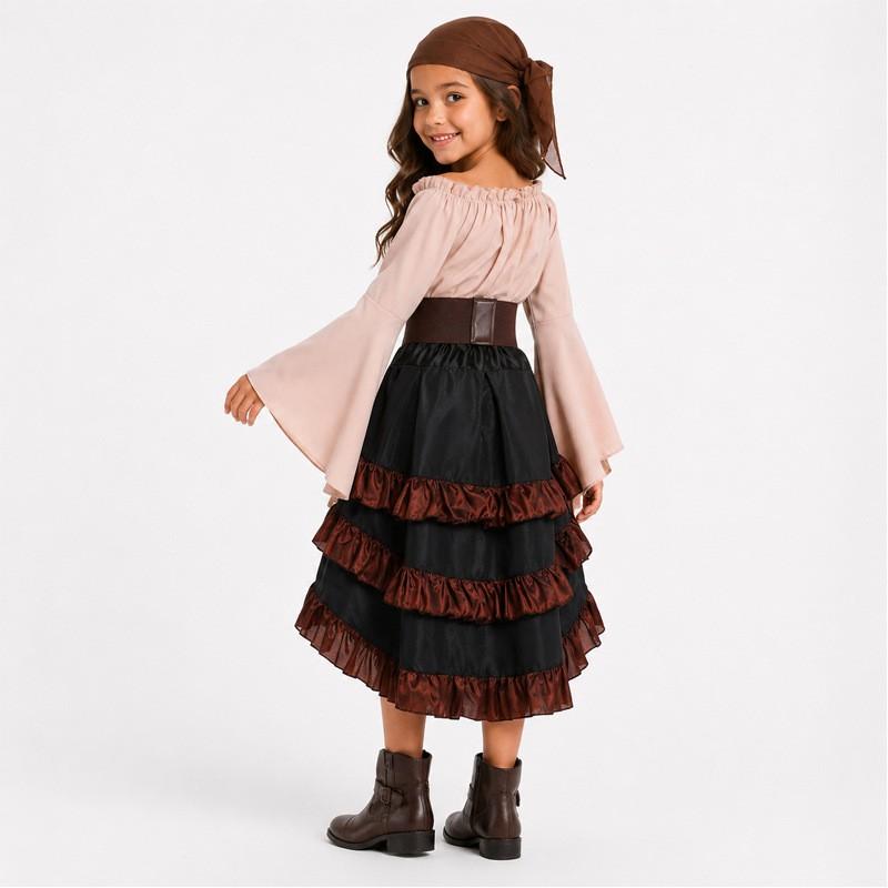 Halloween Costume Dress Girls Vintage Asymmetrical Hem High Waist Ruffle Skirt Pirate Theme Stage Outfit