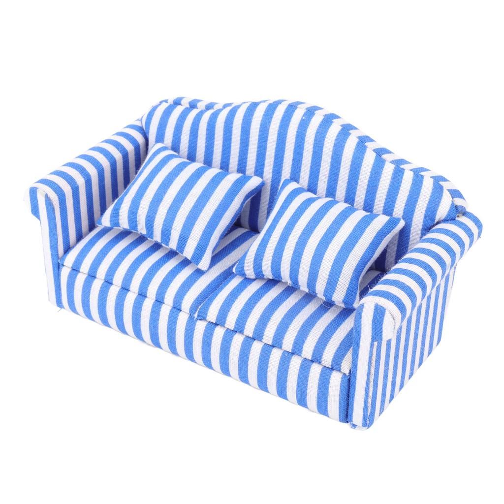 3Pcs   Sofa Set Pine Cloth Double Sofa 2 Single Sofa Light Color Strip  ature Sofa for 1:12 Doll House