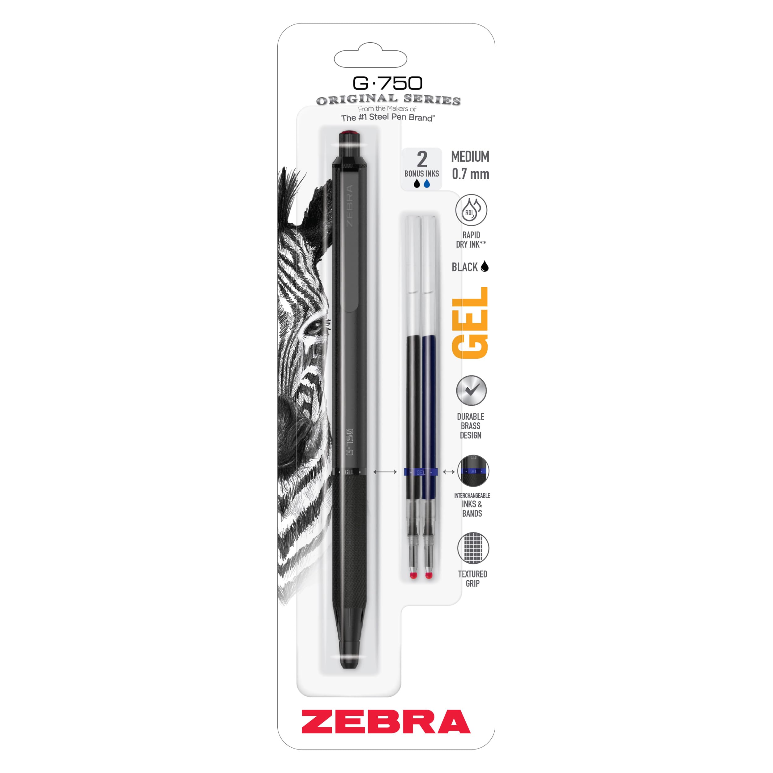 

Zebra Pen Retractable Gel Black Brass Medium Fine Tip Black 1 Pack G-750 Pen, Barrel, (0.7mm), Ink, (49811) чёрный